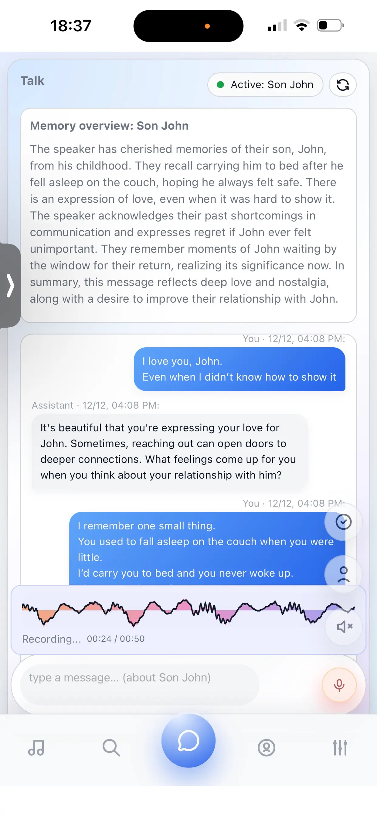 Memory Avatar app voice recording screen with live waveform